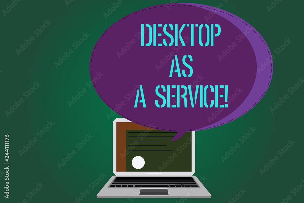 Word writing text Desktop As A Service. Business concept for DAAS cloud computing offering hosting back end Certificate Layout on Laptop Screen and Blank Halftone Color Speech Bubble Word writing text Desktop As A Service. Business concept for DAAS cloud computing offering hosting back end Certificate Layout on Laptop Screen and Blank Halftone Color Speech Bubble