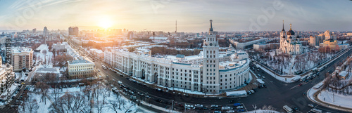 Evening winter Voronezh, aerial panoramic view from drone to central part of Voronezh downtown photo