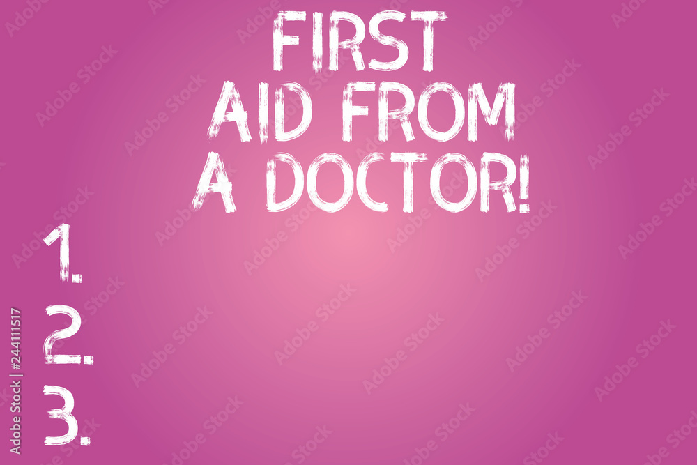 Conceptual hand writing showing First Aid From A Doctor. Business photo text Medical assistance health care examinings support Color Rectangular Shape Outline and Round Beam in Center