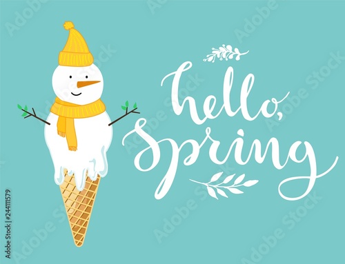 Hello spring card with melting snowman like an ice cream cone