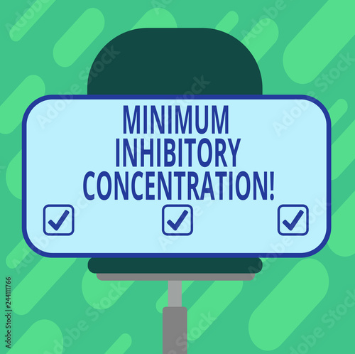 Conceptual hand writing showing Minimum Inhibitory Concentration. Business photo showcasing lowest concentration of a chemical Blank Rectangular Shape Sticker Sitting on a Swivel Chair photo