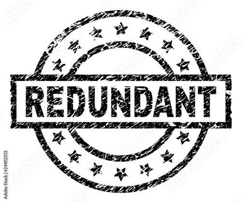 REDUNDANT stamp seal watermark with distress style. Designed with rectangle, circles and stars. Black vector rubber print of REDUNDANT caption with dirty texture.