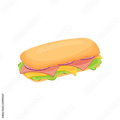 Delicious juicy sandwich with vegetables, cheese, meat, bacon, tomatoes and a crispy crust.