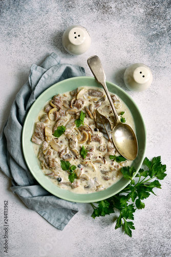 Fotografie Beef stroganoff - meat stewed in cream sauce with mushrooms