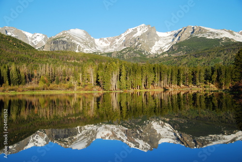 Mountain reflection in Sprague lake, Rocky Mountain National Park, CO, USA