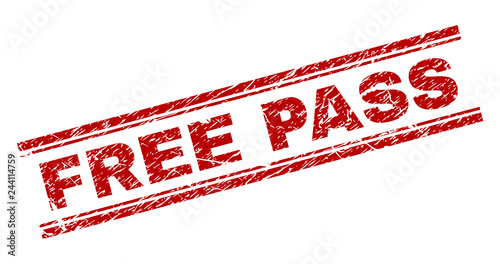 FREE PASS seal watermark with corroded texture. Red vector rubber print of FREE PASS text with retro texture. Text tag is placed between double parallel lines.
