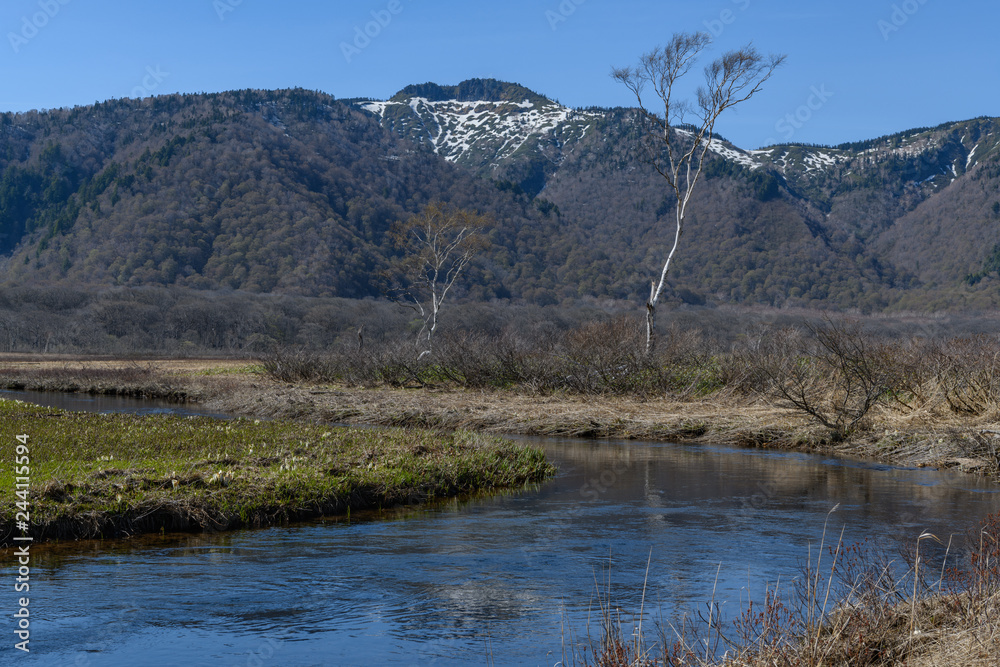 尾瀬ヶ原から見た春の景鶴山 尾瀬ヶ原から見た春の景鶴山