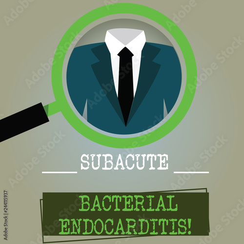 Conceptual hand writing showing Subacute Bacterial Endocarditis. Business photo text infection of the inner lining of the heart Magnifying Glass Enlarging a Tuxedo and Label Tag Below photo