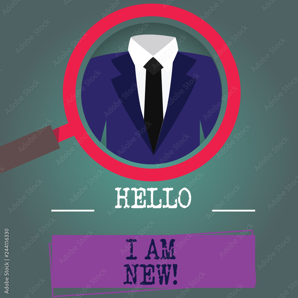 Word writing text Hello I Am New. Business concept for Introducing yourself to unknown showing newbie in the team Magnifying Glass photo Enlarging Inspecting a Tuxedo and Label Tag Below Word writing text Hello I Am New. Business concept for Introducing yourself to unknown showing newbie in the team Magnifying Glass photo Enlarging Inspecting a Tuxedo and Label Tag Below