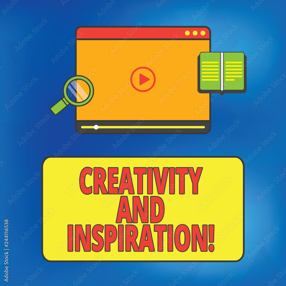 Writing note showing Creativity And Inspiration. Business photo showcasing strategy used to make decisions and foster ideas Tablet Video Player Upload and Magnifying Glass Text Space Writing note showing Creativity And Inspiration. Business photo showcasing strategy used to make decisions and foster ideas Tablet Video Player Upload and Magnifying Glass Text Space