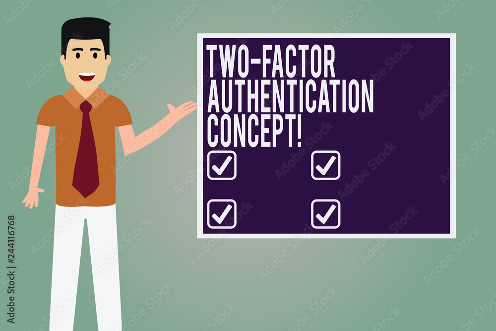 Word writing text Two Factor Authentication Concept. Business concept for two ways of proving your identity Man with Tie Standing Talking Presenting Blank Color Square Board photo Word writing text Two Factor Authentication Concept. Business concept for two ways of proving your identity Man with Tie Standing Talking Presenting Blank Color Square Board photo