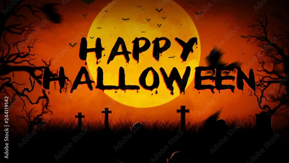 Bat Filled Haunted Graveyard Happy Halloween features rolling clouds