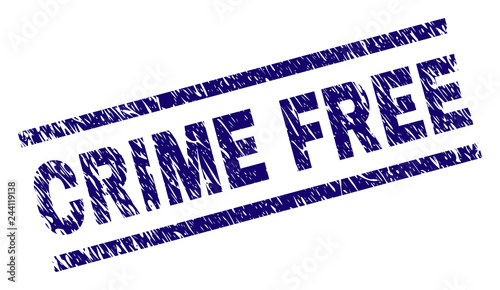 CRIME FREE seal imprint with grunge style. Blue vector rubber print of CRIME FREE text with grunge texture. Text tag is placed between parallel lines.