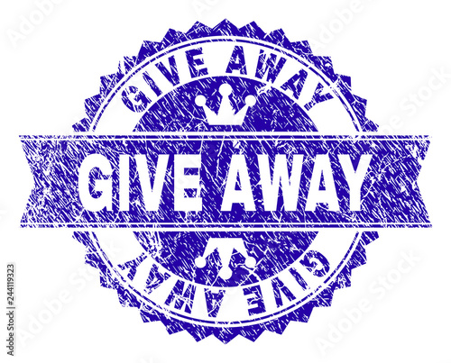 GIVE AWAY rosette seal watermark with grunge style. Designed with round rosette, ribbon and small crowns. Blue vector rubber watermark of GIVE AWAY text with dust style.