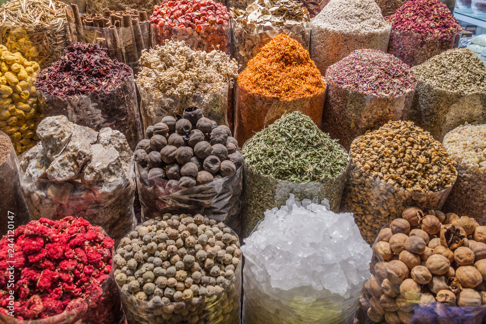 Various spices at the Spice Souq in Deira neighborhood of Dubai, United Arab Emirates