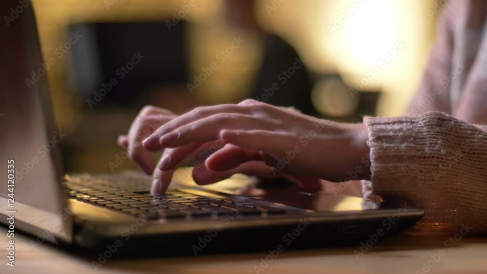 Close-up portrait in profile of female hands typing on laptop on office background. Close-up portrait in profile of female hands typing on laptop on office background.