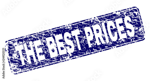 THE BEST PRICES stamp seal print with distress texture. Seal shape is a rounded rectangle with frame. Blue vector rubber print of THE BEST PRICES caption with unclean texture.