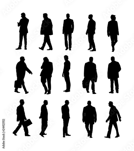 Large collection of business people. Confident leader standing. Businessman go to work vector silhouette illustration. Handsome business man in suite with phone. Standing casual pose. Relaxed man.