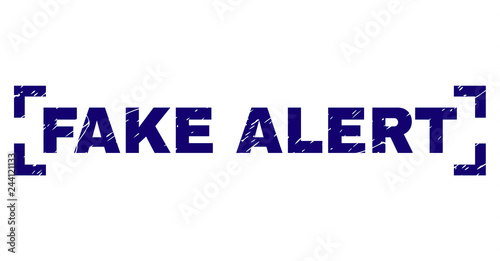 FAKE ALERT title seal print with grunge texture. Text title is placed inside corners. Blue vector rubber print of FAKE ALERT with grunge texture.