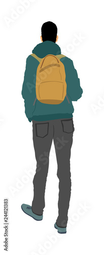 Passenger man with backpack  walking to airport vector illustration. Traveler boy with luggage go home, carry baggage. Tourist with heavy bag cargo load waiting taxi to holiday. Refugee migration.