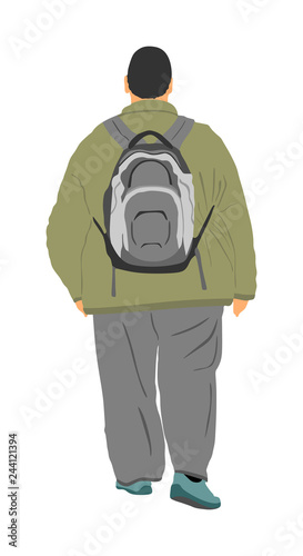 Fat man walking, health care outdoor activity vector illustration. Overweight person trouble. Big boy go to fast food. Fat boy tourist in jacket with backpack. Giant man traveler. Passenger people.