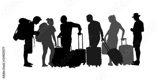 Passengers with luggage walking at airport vector silhouette. Travelers with bags go home. Man and woman carry baggage. People crowd with heavy cargo load waiting taxi after holiday Refugees on border