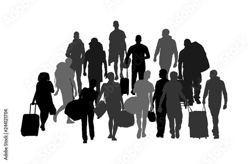 Passengers with luggage walking at airport vector silhouette. Travelers with many bags go home. Man and woman carry baggage. People with heavy cargo load waiting taxi after holiday. Refugees on border