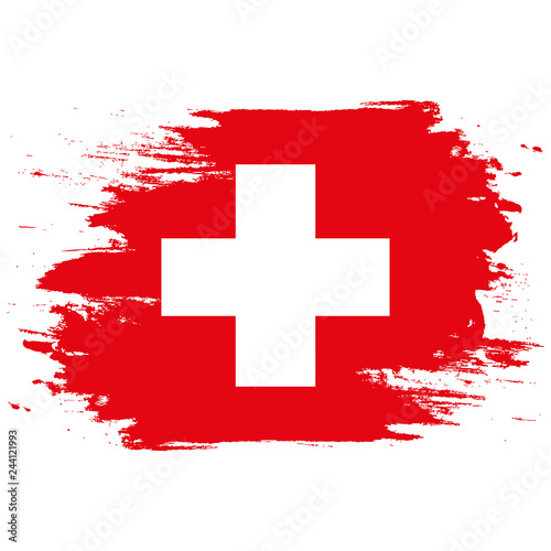 Flag of Switzerland. Brush painted Flag of Switzerland. Hand drawn style illustration with a grunge effect and watercolor. Flag of Switzerland with grunge texture. Vector illustration.