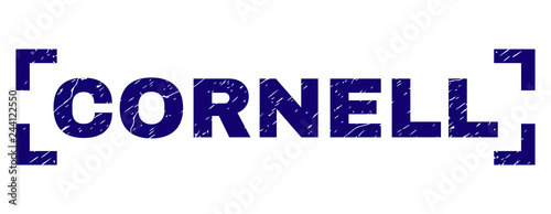 CORNELL label seal print with grunge texture. Text label is placed between corners. Blue vector rubber print of CORNELL with unclean texture.