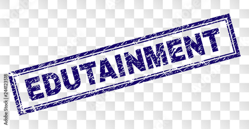 EDUTAINMENT stamp seal print with rubber print style and double framed rectangle shape. Stamp is placed on a transparent background. Blue vector rubber print of EDUTAINMENT tag with dust texture.