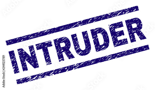 INTRUDER seal stamp with grunge style. Blue vector rubber print of INTRUDER text with grunge texture. Text label is placed between parallel lines.