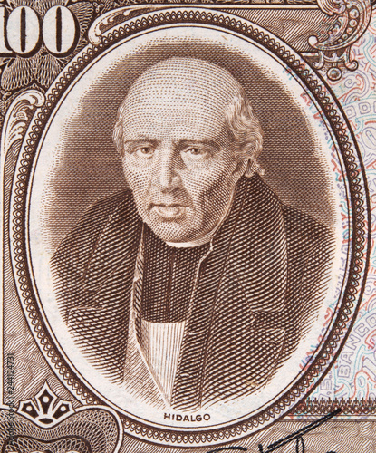 Miguel Hidalgo portrait on Mexico peso close up macro. Father of Mexican independence.. photo