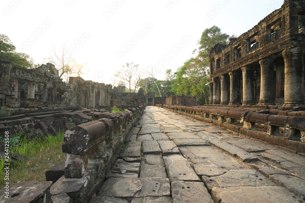 Siem Reap,Cambodia-Januay 12, 2019: A two-storied temple with round columns in Preah Khan, Siem Reap, Cambodia

