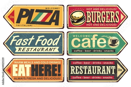 Retro signs collection.  Vintage sign posts set for cafe, pizza, burger and fast food restaurant. Food and drink vectors poster on old textured background. photo