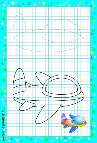 Educational page for little children on square paper. Need to draw and paint cute airplane by copy. Developing baby skills. Printable worksheet for school kids textbook. Back to school. Vector image.
