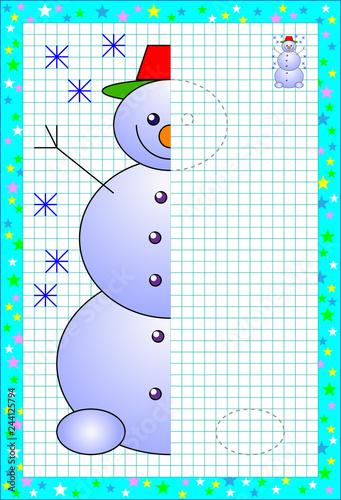 Educational page for little children on square paper. Need to draw second part of cute snowman. Developing baby skills. Printable worksheet for school kids textbook. Back to school.