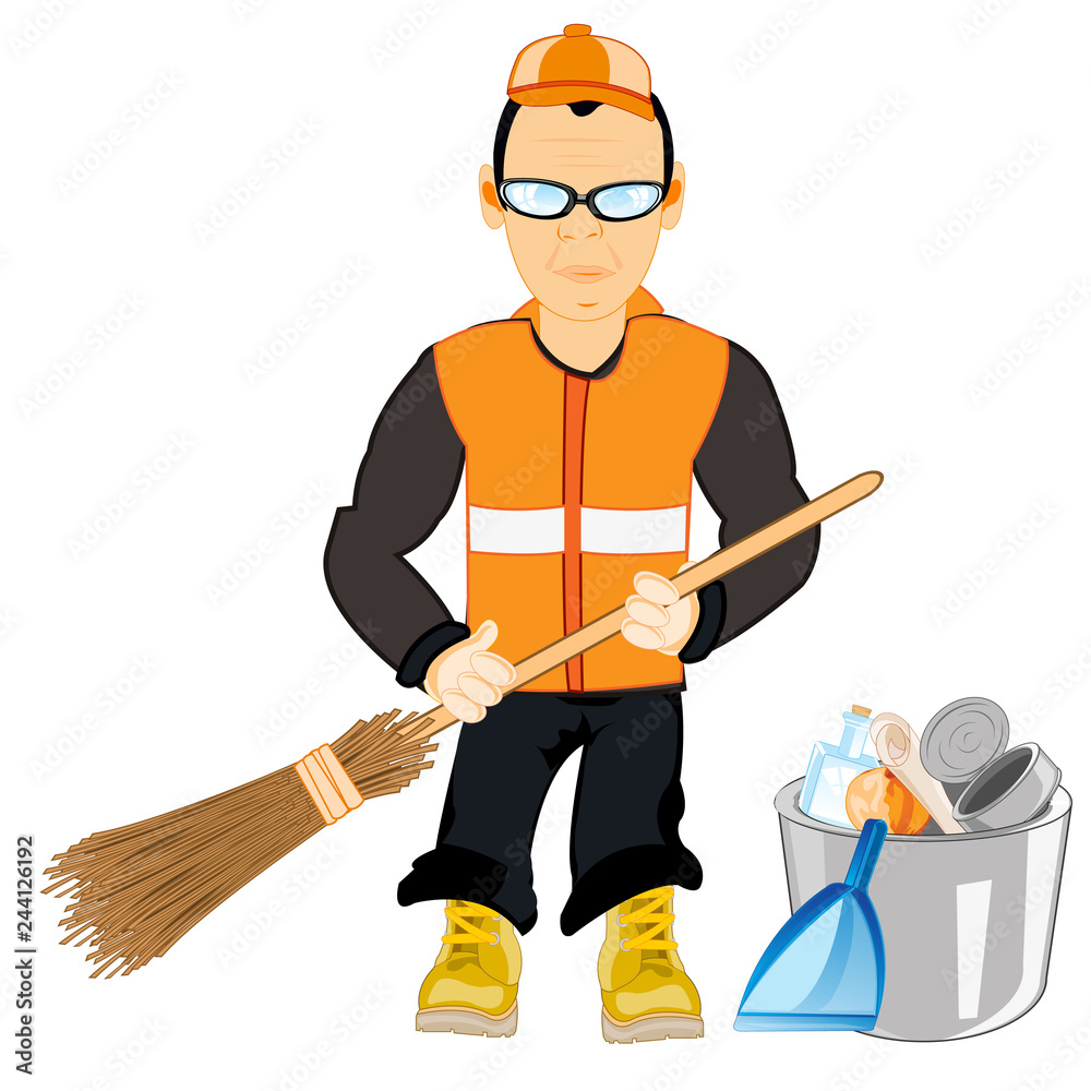 Man caretaker with broom takes away rubbish Man caretaker with broom takes away rubbish