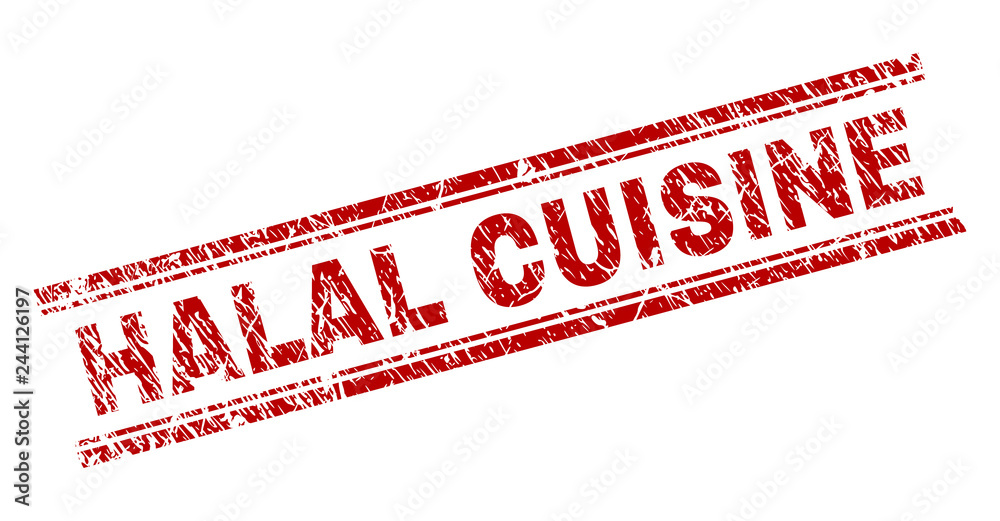 HALAL CUISINE seal print with grunge effect. Red vector rubber print of HALAL CUISINE text with retro texture. Text title is placed between double parallel lines. HALAL CUISINE seal print with grunge effect. Red vector rubber print of HALAL CUISINE text with retro texture. Text title is placed between double parallel lines.
