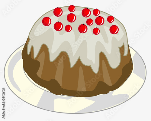 Vector illustration of the cake decorated berry on plate