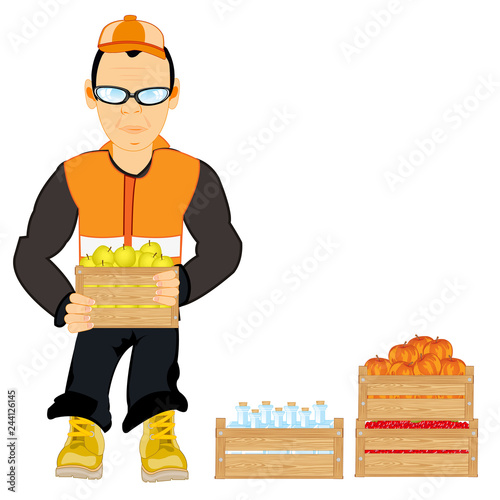 Man longshoremen unloads boxes with fruit and bottle