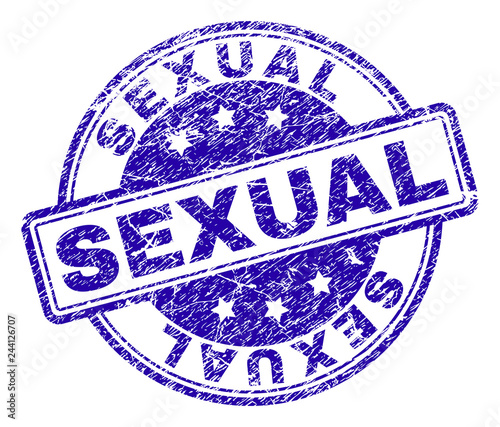 SEXUAL stamp seal imprint with distress texture. Designed with rounded rectangles and circles. Blue vector rubber print of SEXUAL caption with scratched texture.
