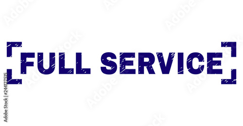 FULL SERVICE text seal print with corroded texture. Text tag is placed between corners. Blue vector rubber print of FULL SERVICE with scratched texture.