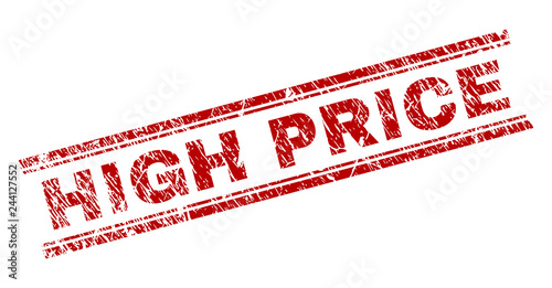 HIGH PRICE seal watermark with distress texture. Red vector rubber print of HIGH PRICE caption with corroded texture. Text caption is placed between double parallel lines.