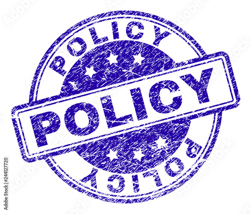 POLICY stamp seal imprint with distress texture. Designed with rounded rectangles and circles. Blue vector rubber print of POLICY caption with dirty texture.