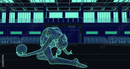 girl performing rhythmic gymnastics ball routine at a big gymnasium. the character and the environment are two different objects so that can also be used separately