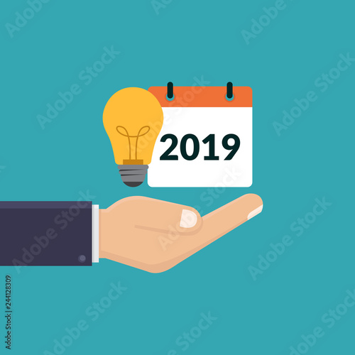 Hand holding a calendar and light bulb, business plans, strategic plans, teamwork, new ideas, fresh ideas, vector design illustration flat modern template