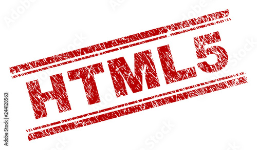 HTML5 seal print with corroded style. Red vector rubber print of HTML5 label with corroded texture. Text label is placed between double parallel lines.