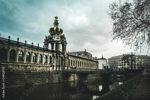 Dresdner Zwinger in Dresden with people,dramatic sky. Cityscape in Dresden. Travel and tourism in Dresden concept