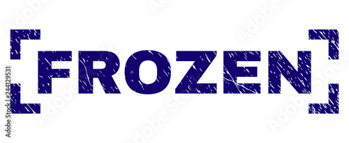 FROZEN label seal print with grunge style. Text label is placed inside corners. Blue vector rubber print of FROZEN with unclean texture.