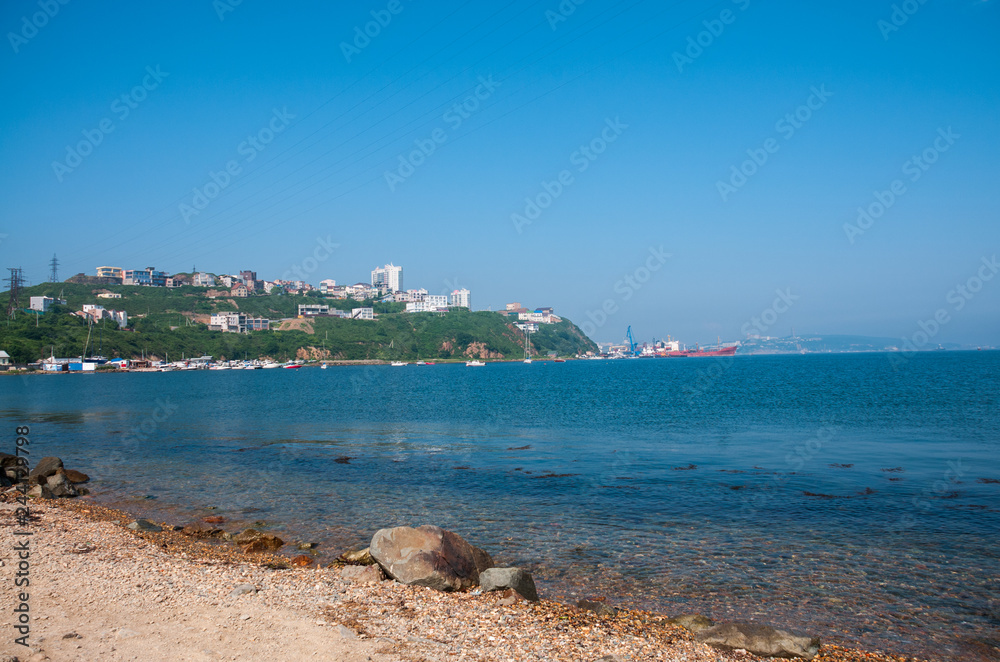 Seascape summer afternoon, seaside region, city of Vladivostok